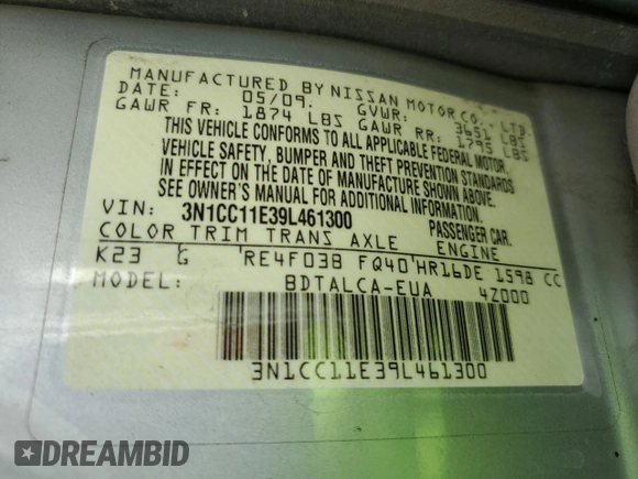 2009 Nissan Versa 1.6 with VIN 3N1CC11E39L461300, listed as a Copart auction lot 44460735 with 79,394 mi miles and Salvage Title. Bid and sale history available at carsss.com. Image 12.
