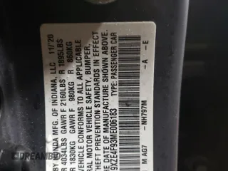 2021 Honda Insight Touring with VIN 19XZE4F93ME006183, listed as a Copart auction lot 87004254 with 64,200 mi miles and Salvage Title. Bid and sale history available at carsss.com. Image 12.
