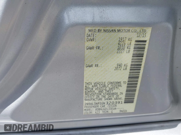 2016 Nissan Altima 2.5 S with VIN 1N4AL3AP1GN320391, listed as a IAAI auction lot 42207672 with 129,754 mi miles. Bid and sale history available at carsss.com. Image 9.