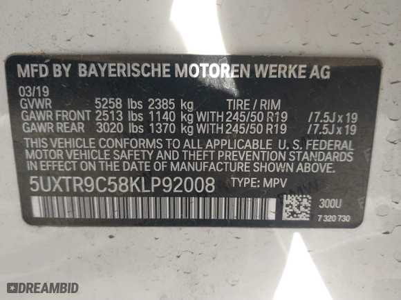 2019 BMW X3 xDrive30i with VIN 5UXTR9C58KLP92008, listed as a IAAI auction lot 41489334 with 45,125 mi miles. Bid and sale history available at carsss.com. Image 9.