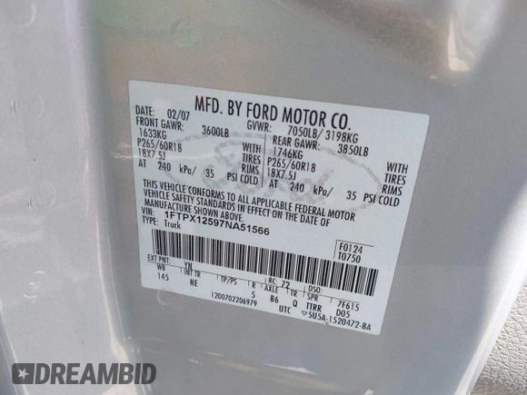 2007 Ford F-150 XL with VIN 1FTPX12597NA51566, listed as a IAAI auction lot 42500495 with 188,983 mi miles and . Bid and sale history available at DreamBid. Image 9.