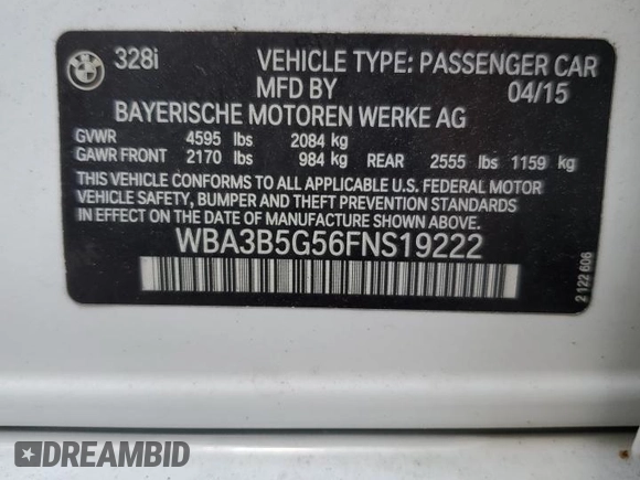 2015 BMW 3 Series 328i xDrive с VIN WBA3B5G56FNS19222, выставлен на аукционе Copart как лот 54548145 с пробегом 95 087 миль миль и Списание • Salvage title. История ставок и продаж доступна на DreamBid. Изображение 12.