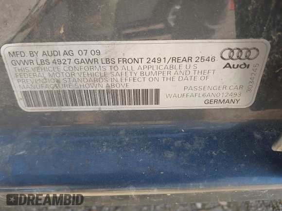 2010 Audi A4 2.0T Premium Plus with VIN WAUFFAFL6AN012493, listed as a IAAI auction lot 39621388 with 188,776 mi miles. Bid and sale history available at carsss.com. Image 9.