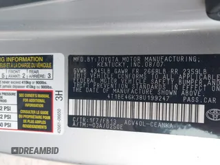 2008 Toyota Camry LE with VIN 4T1BE46K38U199247, listed as a IAAI auction lot 42124155 with 162,087 mi miles and . Bid and sale history available at DreamBid. Image 9.
