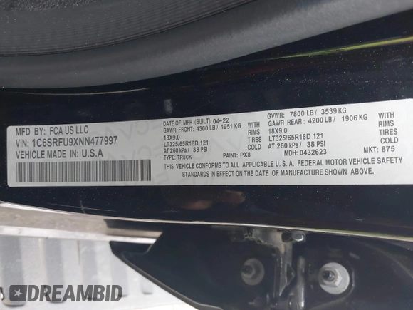 2022 Ram 1500 TRX with VIN 1C6SRFU9XNN476106, listed as a IAAI auction lot 41627895 with 21,992 mi miles and . Bid and sale history available at DreamBid. Image 9.