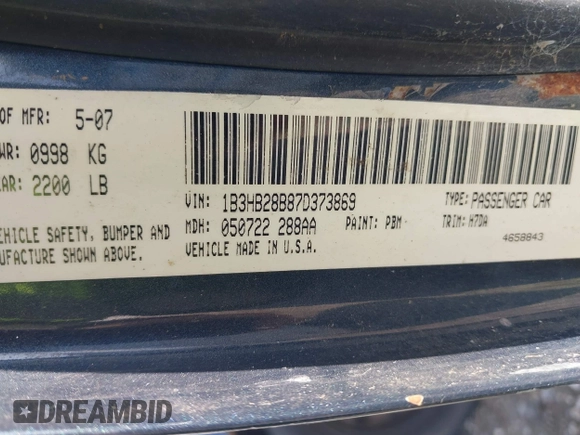 2007 Dodge Caliber with VIN 1B3HB28B87D373869, listed as a IAAI auction lot 41904932 with 189,045 mi miles and . Bid and sale history available at DreamBid. Image 9.