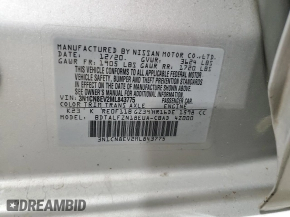 2021 Nissan Versa SV with VIN 3N1CN8EV2ML843775, listed as a Copart auction lot 56250945 with 80,877 mi miles and Salvage title. Bid and sale history available at DreamBid. Image 12.