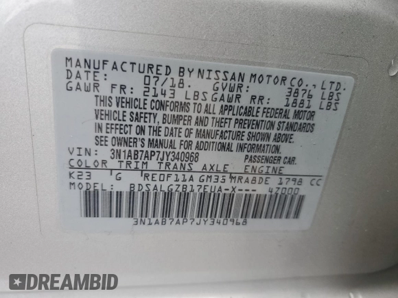 2018 Nissan Sentra S with VIN 3N1AB7AP7JY340968, listed as a Copart auction lot 52147045 with 113,547 mi miles and Salvage Title. Bid and sale history available at DreamBid. Image 12.