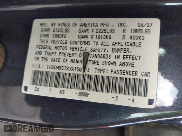 2007 Honda Accord EX с VIN 1HGCM567X7A158015, выставлен на аукционе IAAI как лот 42173705 с пробегом 214 953 миль миль и . История ставок и продаж доступна на DreamBid. Изображение 9.