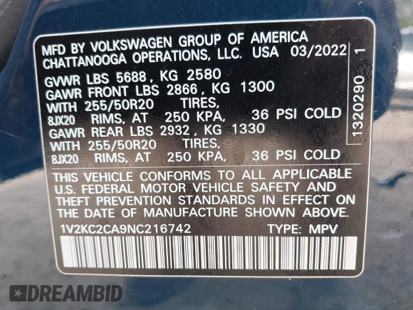 2022 Volkswagen Atlas SE z VIN 1V2KC2CA9NC216742, wystawiony jako IAAI lot #42406428 z przebiegiem 34 598 mil mil oraz . Historia ofert i sprzedaży dostępna na DreamBid. Obrazek 9.