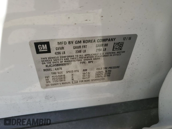 2017 Buick Encore Preferred с VIN KL4CJASB0HB081977, выставлен на аукционе Copart как лот 48665985 с пробегом 34 984 миль миль и Чистый • Clean title. История ставок и продаж доступна на DreamBid. Изображение 15.