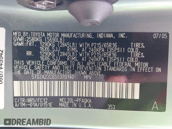 2005 Toyota Sienna XLE with VIN 5TDZA22C65S370140, listed as a IAAI auction lot 42466644 with 254,275 mi miles and . Bid and sale history available at DreamBid. Image 9.