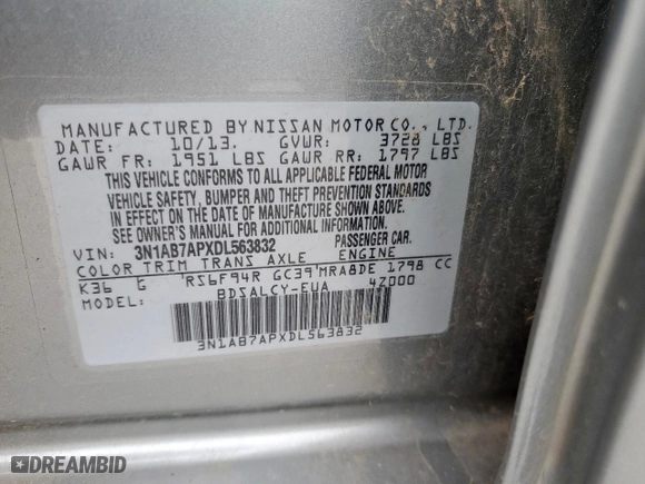 2013 Nissan Sentra SR with VIN 3N1AB7APXDL563832, listed as a Copart auction lot 51292535 with 81,602 mi miles and Salvage Title. Bid and sale history available at carsss.com. Image 12.