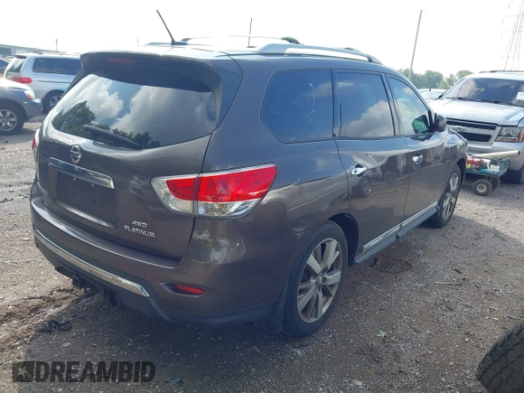 2015 Nissan Pathfinder Platinum with VIN 5N1AR2MM4FC603779, listed as a IAAI auction lot 42731531 with 103,385 mi miles and . Bid and sale history available at DreamBid. Image 4.