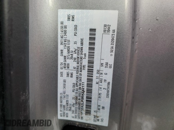 2024 Ford F-150 z VIN 1FTEX2LP5RKE62111, wystawiony jako Copart lot #85634624 z przebiegiem 5 607 mil mil oraz Szkoda całkowita • Salvage title. Historia ofert i sprzedaży dostępna na DreamBid. Obrazek 12.