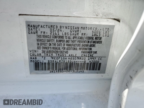2024 Nissan Sentra SR with VIN 3N1AB8DV2RY362145, listed as a Copart auction lot 54301025 with 8,749 mi miles and Salvage title. Bid and sale history available at DreamBid. Image 13.