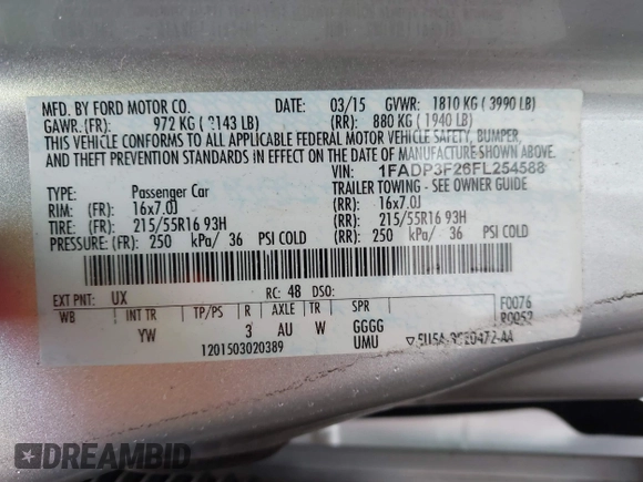 2015 Ford Focus SE with VIN 1FADP3F26FL254588, listed as a IAAI auction lot 42146381 with 99,280 mi miles and . Bid and sale history available at DreamBid. Image 9.