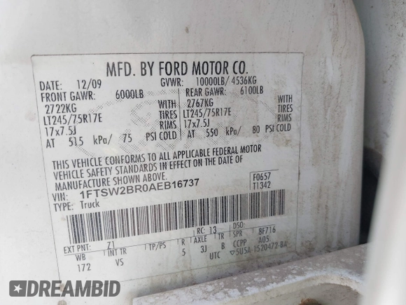 2010 Ford F-250 XL with VIN 1FTSW2BR0AEB16737, listed as a IAAI auction lot 37655253 with 71,416 mi miles and . Bid and sale history available at DreamBid. Image 9.