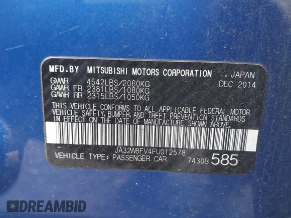 2015 Mitsubishi Lancer Evolution GSR with VIN JA32W8FV4FU012578, listed as a IAAI auction lot 41730742 with 64,762 mi miles. Bid and sale history available at carsss.com. Image 9.