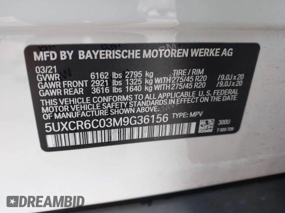 2021 BMW X5 xDrive40i with VIN 5UXCR6C03M9G36156, listed as a IAAI auction lot 42125009 with 30,877 mi miles. Bid and sale history available at carsss.com. Image 9.