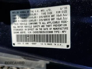 2005 Honda CR-V EX with VIN SHSRD78835U333888, listed as a Copart auction lot 52563605 with 200,858 mi miles and Clean Title. Bid and sale history available at DreamBid. Image 13.