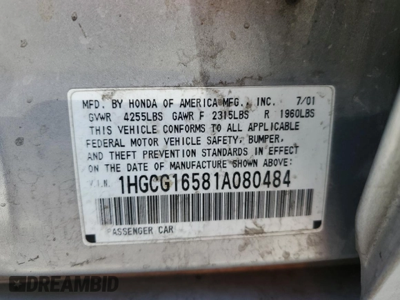 2001 Honda Accord EX с VIN 1HGCG16581A080484, выставлен на аукционе Copart как лот 55364045 с пробегом 235 238 миль миль и Чистый • Clean title. История ставок и продаж доступна на DreamBid. Изображение 12.