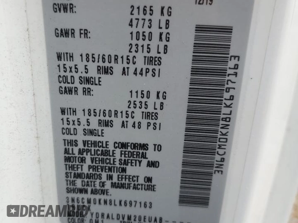 2020 Nissan NV200 SV с VIN 3N6CM0KN8LK697163, выставлен на аукционе Copart как лот 58204825 с пробегом 115 260 миль миль и Списание • Salvage title. История ставок и продаж доступна на DreamBid. Изображение 13.