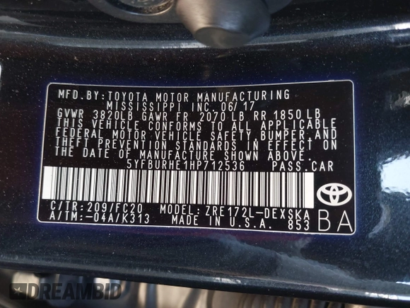 2017 Toyota Corolla L with VIN 5YFBURHE1HP712536, listed as a IAAI auction lot 42592613 with 76,672 mi miles and . Bid and sale history available at DreamBid. Image 9.