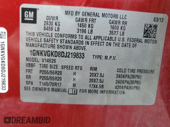 2013 Chevrolet Traverse LT with VIN 1GNKVGKD8DJ219833, listed as a Copart auction lot 53933915 with 137,094 mi miles and Salvage Title. Bid and sale history available at DreamBid. Image 14.