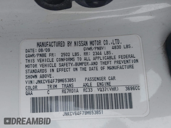 2009 Infiniti G37 x with VIN JNKCV64F79M653851, listed as a IAAI auction lot 41151205 with 156,982 mi miles and . Bid and sale history available at DreamBid. Image 9.