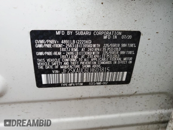 2020 Subaru Forester Limited with VIN JF2SKAUC6LH603815, listed as a Copart auction lot 62422995 with 61,963 mi miles and Salvage title. Bid and sale history available at DreamBid. Image 13.