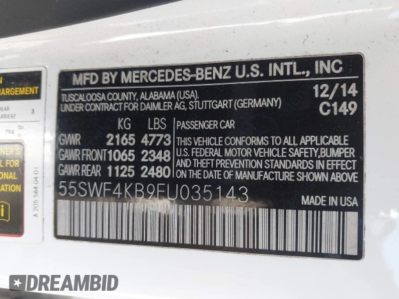 2015 Mercedes-Benz C 300 Luxury with VIN 55SWF4KB9FU035143, listed as a IAAI auction lot 41898353 with 140,699 mi miles and . Bid and sale history available at DreamBid. Image 9.