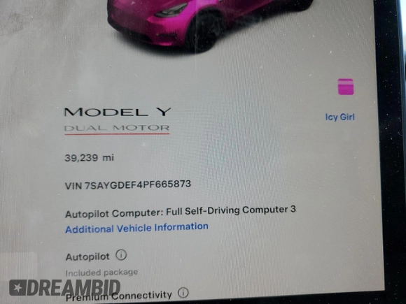 2023 Tesla Model Y Performance with VIN 7SAYGDEF4PF665873, listed as a Copart auction lot 49620705 with 39,239 mi miles and Salvage Title. Bid and sale history available at DreamBid. Image 9.