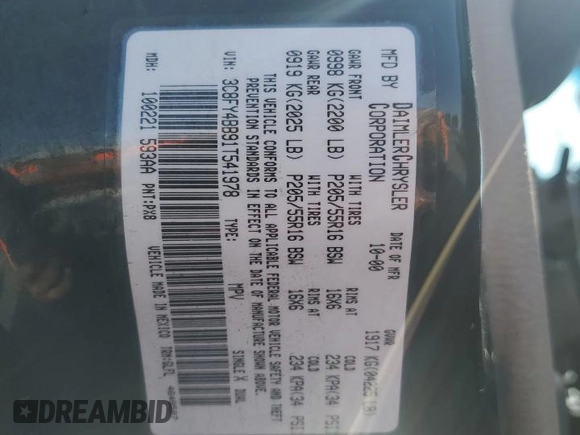 2001 Chrysler PT Cruiser with VIN 3C8FY4BB91T541978, listed as a Copart auction lot 57356105 with 202,932 mi miles and Salvage title. Bid and sale history available at DreamBid. Image 12.