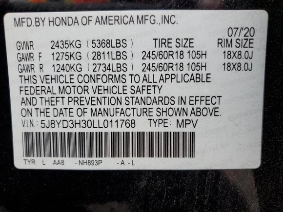 2020 Acura MDX with VIN 5J8YD3H30LL011768, listed as a Copart auction lot 44017795 with 93,424 mi miles and Salvage Title. Bid and sale history available at carsss.com. Image 14.