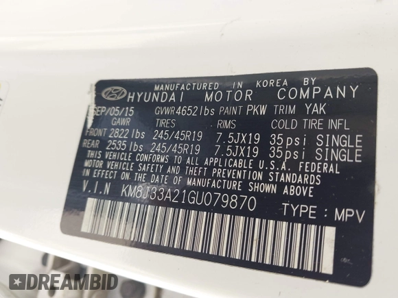 2016 Hyundai Tucson Limited with VIN KM8J33A21GU079870, listed as a IAAI auction lot 42074089 with 78,328 mi miles. Bid and sale history available at carsss.com. Image 9.