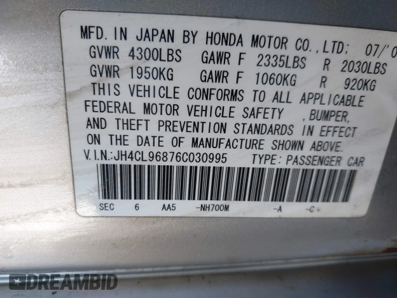 2006 Acura TSX with VIN JH4CL96876C030995, listed as a IAAI auction lot 41710232 with 1 mi miles. Bid and sale history available at carsss.com. Image 9.