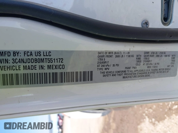 2021 Jeep Compass Trailhawk with VIN 3C4NJDDB0MT551172, listed as a IAAI auction lot 40155947 with 50,794 mi miles and . Bid and sale history available at DreamBid. Image 9.