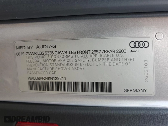 2019 Audi A6 Premium with VIN WAUD8AF24KN129211, listed as a Copart auction lot 59835875 with 56,105 mi miles and Salvage title. Bid and sale history available at DreamBid. Image 12.