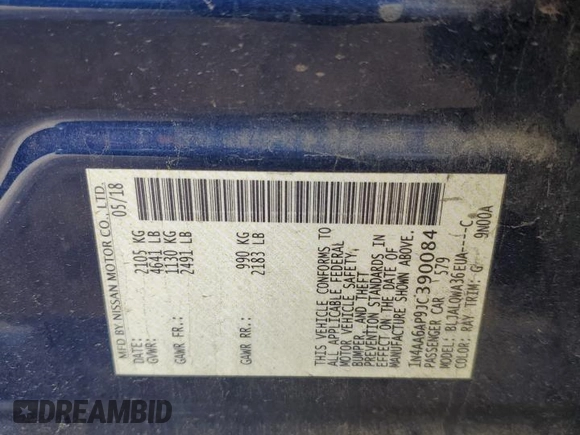 2018 Nissan Maxima SL with VIN 1N4AA6AP9JC390084, listed as a Copart auction lot 52313525 with 119,291 mi miles and Salvage title. Bid and sale history available at DreamBid. Image 12.