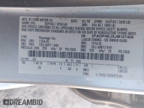 2018 Ford Fiesta SE with VIN 3FADP4EJXJM107406, listed as a IAAI auction lot 41980240 with 177,675 mi miles. Bid and sale history available at carsss.com. Image 9.