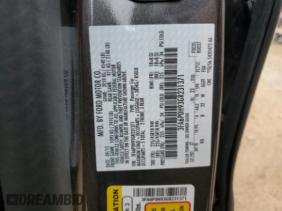 2016 Ford Fusion SE with VIN 3FA6P0H93GR231371, listed as a Copart auction lot 51267565 with Not provided miles and Salvage title. Bid and sale history available at DreamBid. Image 12.