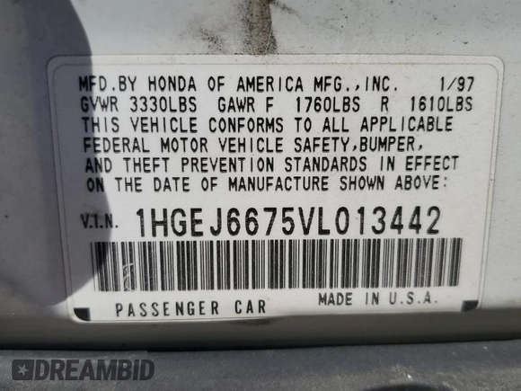 1997 Honda Civic LX with VIN 1HGEJ6675VL013442, listed as a Copart auction lot 46301205 with 203,777 mi miles and Salvage Title. Bid and sale history available at carsss.com. Image 12.