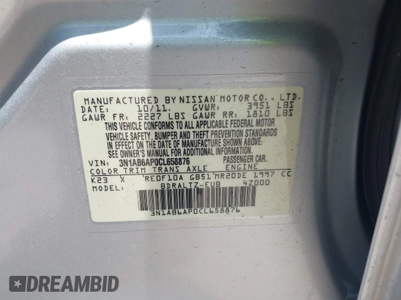 2012 Nissan Sentra SR with VIN 3N1AB6AP0CL658876, listed as a IAAI auction lot 42338541 with 178,187 mi miles and . Bid and sale history available at DreamBid. Image 9.