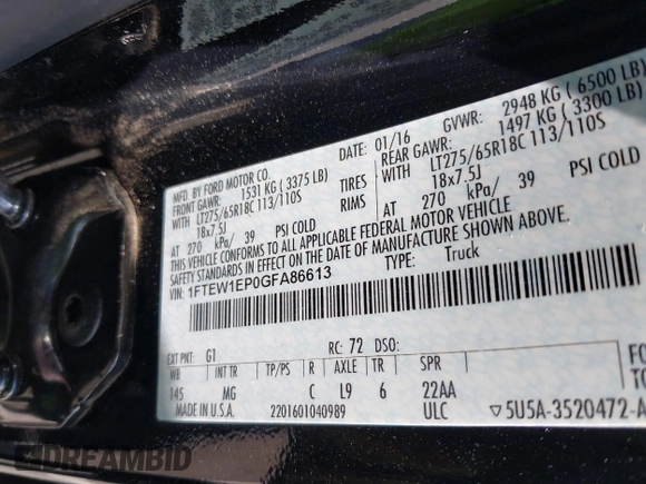 2016 Ford F-150 XLT z VIN 1FTEW1EP0GFA86613, wystawiony jako IAAI lot #42374629 z przebiegiem Nie podano mil oraz . Historia ofert i sprzedaży dostępna na DreamBid. Obrazek 9.