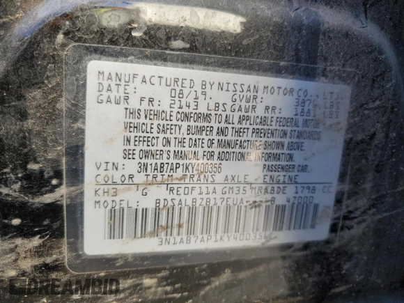 2019 Nissan Sentra SV with VIN 3N1AB7AP1KY400356, listed as a Copart auction lot 82447884 with 74,251 mi miles and Salvage Title. Bid and sale history available at DreamBid. Image 12.