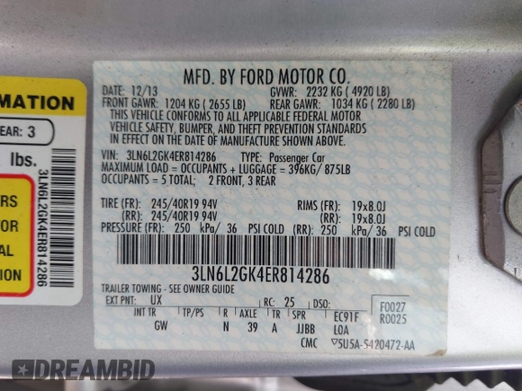 2014 Lincoln MKZ with VIN 3LN6L2GK4ER814286, listed as a IAAI auction lot 42657654 with 135,708 mi miles and . Bid and sale history available at DreamBid. Image 9.