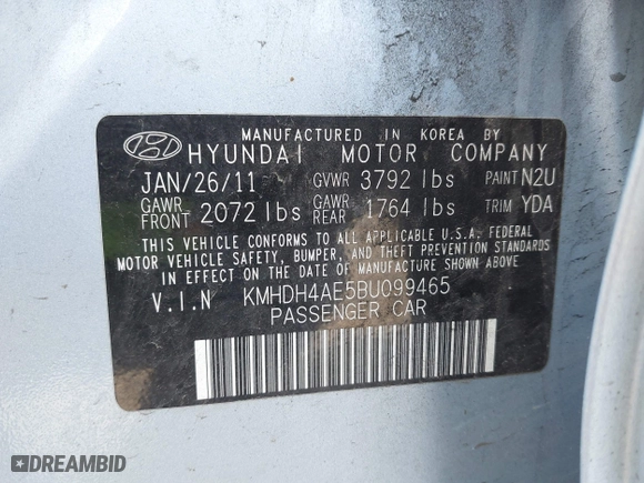 2011 Hyundai Elantra Ltd with VIN KMHDH4AE5BU099465, listed as a IAAI auction lot 41949975 with 80,037 mi miles. Bid and sale history available at carsss.com. Image 9.