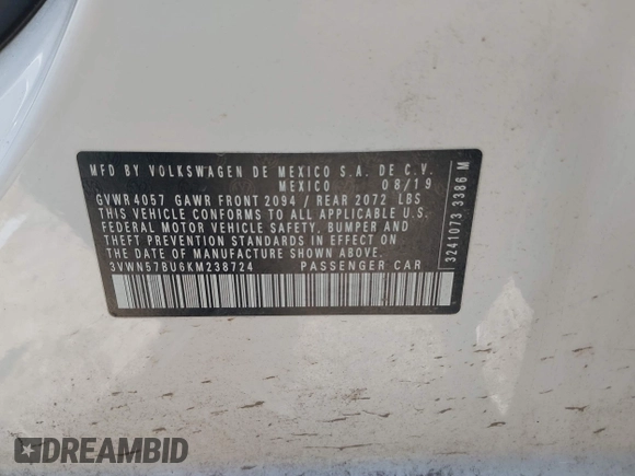 2019 Volkswagen Jetta S with VIN 3VWN57BU6KM238724, listed as a IAAI auction lot 42127519 with 46,794 mi miles and . Bid and sale history available at DreamBid. Image 9.