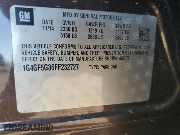 2015 Buick LaCrosse Premium II with VIN 1G4GF5G36FF232727, listed as a Copart auction lot 42316645 with 110,669 mi miles and Salvage Title. Bid and sale history available at DreamBid. Image 12.
